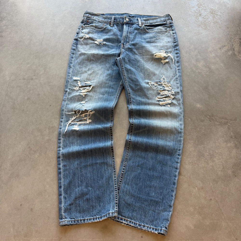 Levis 501 Mens Distressed Straight Leg Jeans Blue Denim 36x32